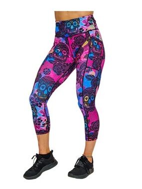 CVG, “Rose Skull” Sugar Skull Workout Capri Leggings - Hot Pink & Blue, Size XL